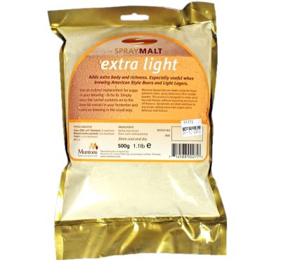 Spraymalt Extra Light (Muntons) 500g, ohumlat torkat maltextrakt för hembryggning