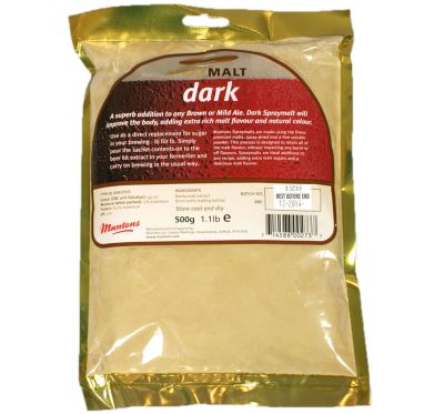 Spraymalt Dark (Muntons) 500 g – mörkt torkat maltextrakt för fyllig hembryggd öl.